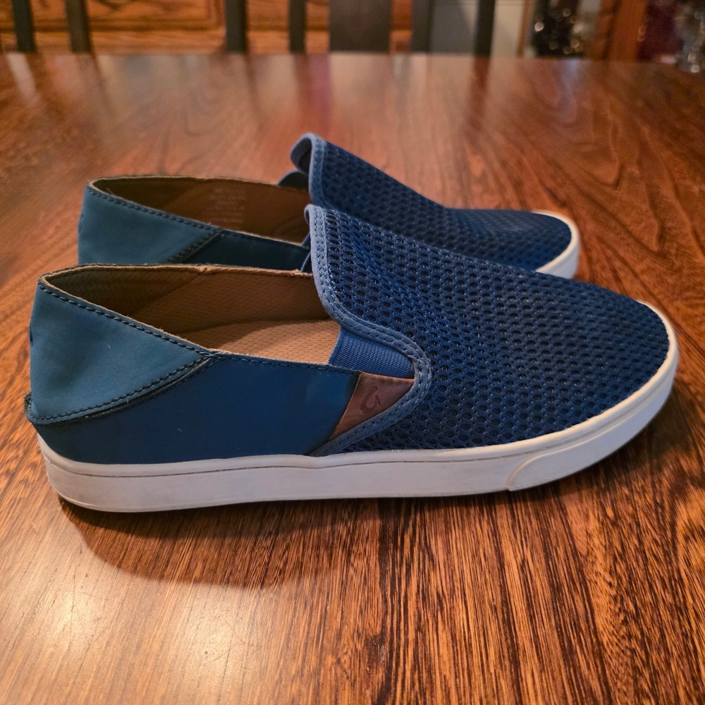 OluKai Pehuea Blue Mesh Slip On Sneakers Womens 8 Drop In Heel Vacation Comfort